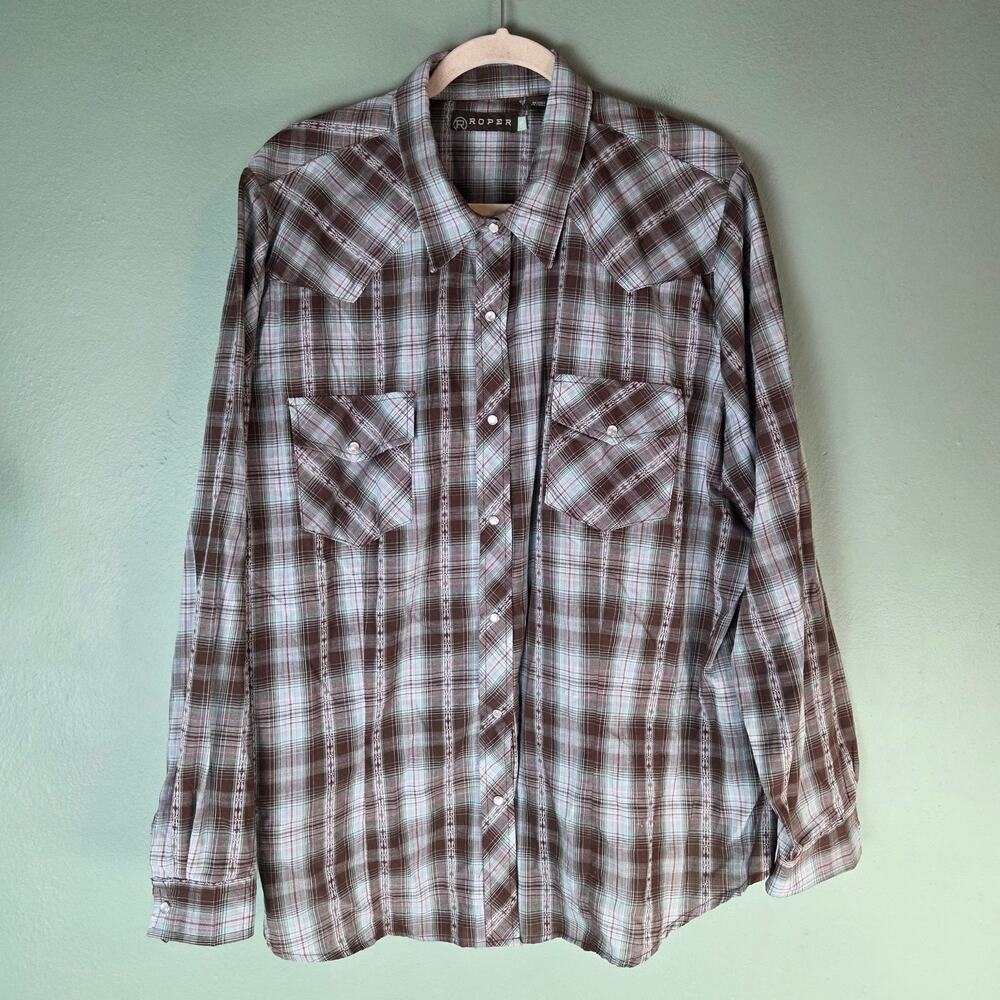 Roper Womens 3X Plaid Western Pearl Snap Long Sleeve Shirt Brown Blue Rodeo